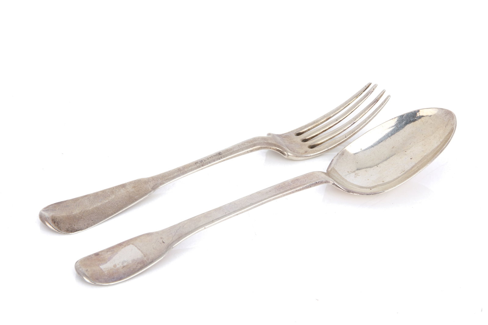 18th C CANADIAN SILVER FORK AND SPOON: Spoon marked as Contre Coeur. One with the marks for Roalnd Paradis, Quebec. L 20.5cm (8in) 137g