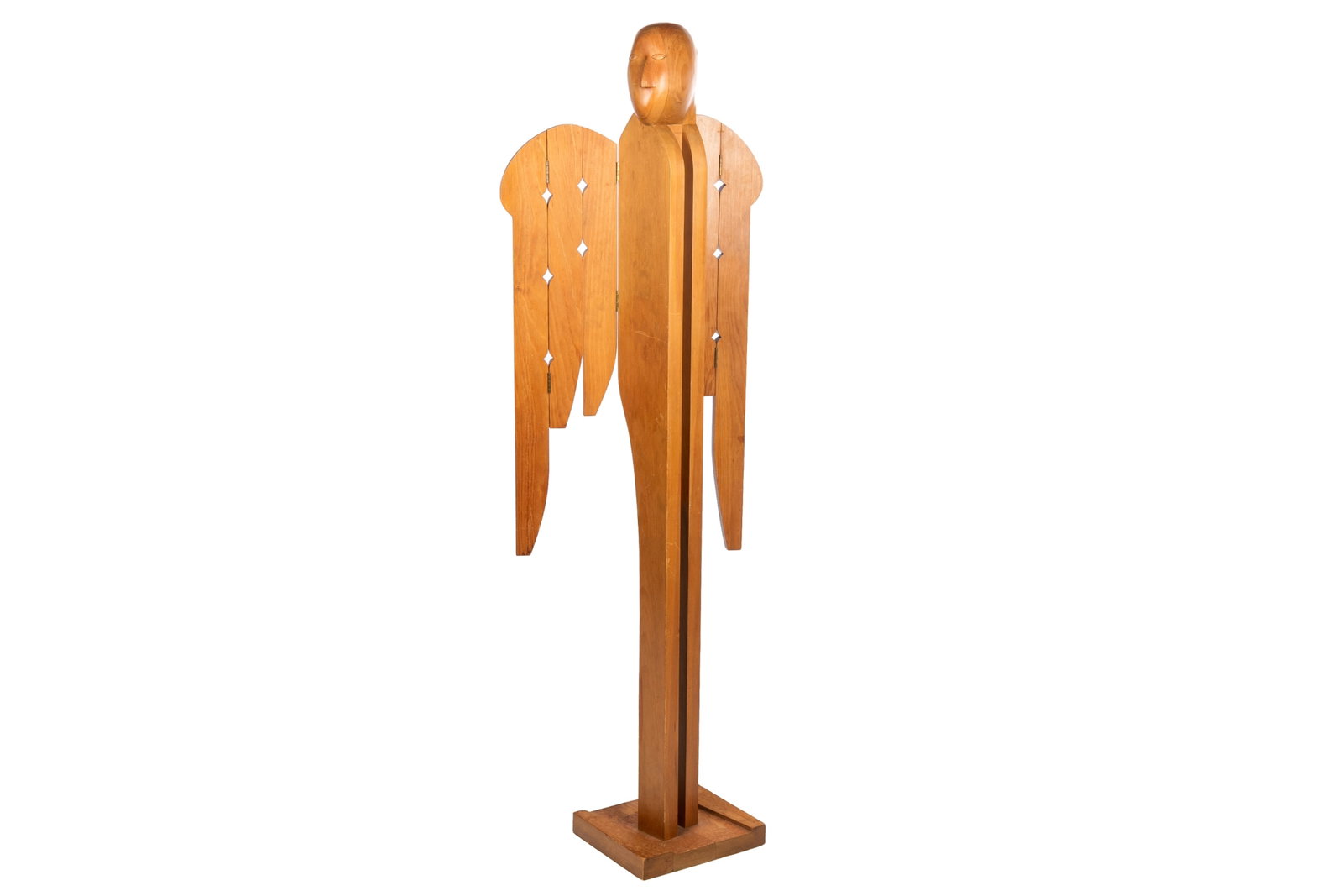 ANNE KAHANE (Canadian 1924-2023): Standing Angel with Articulated Wings Carved wood H 61 1/2" x W 20" x D 10"