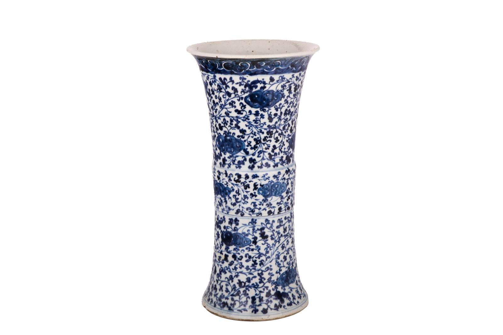CHINESE BLUE & WHITE PORCELAIN GU VASE: Scrolling floral pattern with cloud border, unmarked base, Chinese Qing dynasty, 18th / 19th C. H 37cm (14 1/2in)