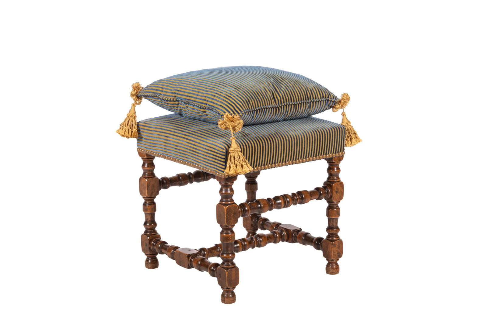 UPHOLSTERED BENCH AND MATCHING PILLOW: Oak twist legs with royal blue and yellow striped velvet upholstery 20th C H 17 3/4" x W 17" x D 17 1/2"
