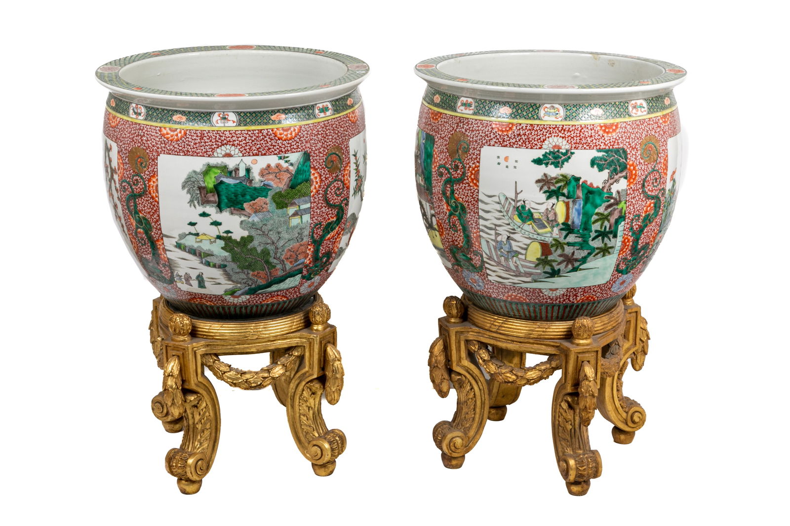 PAIR OF LARGE FAMILLE ROSE PORCELAIN FISH BOWLS (1 of 4)