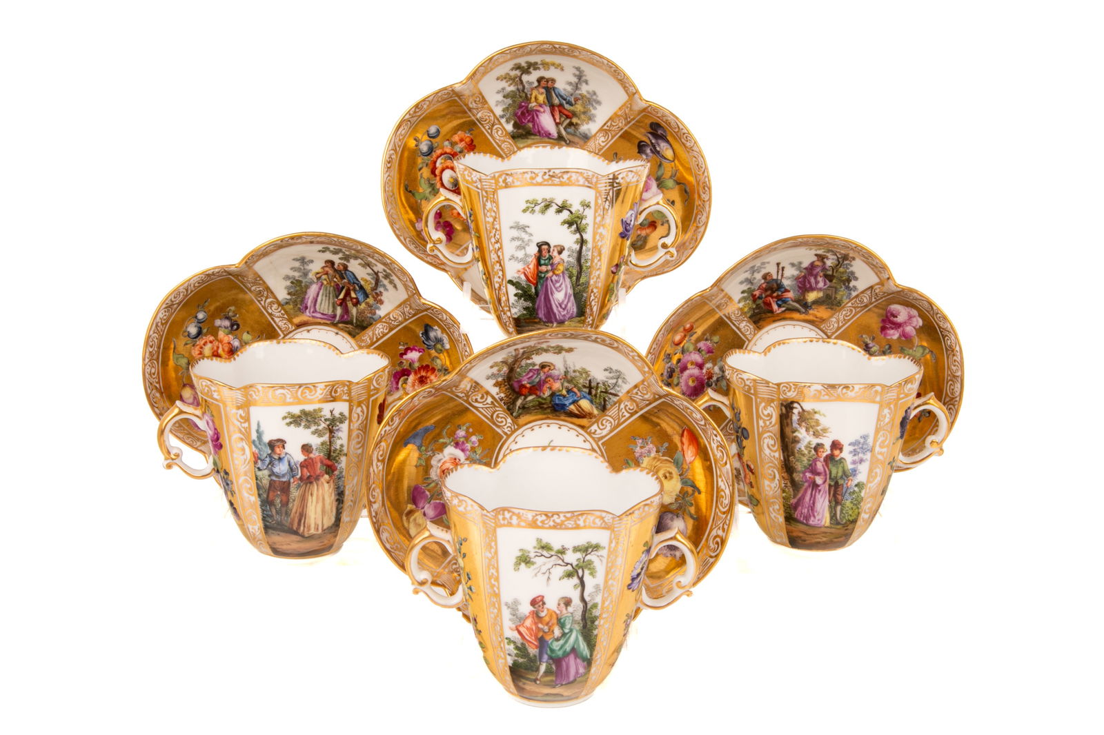 FOUR DRESDEN PORCEALIN TWO HANDLE CUPS & SAUCERS (1 of 6)