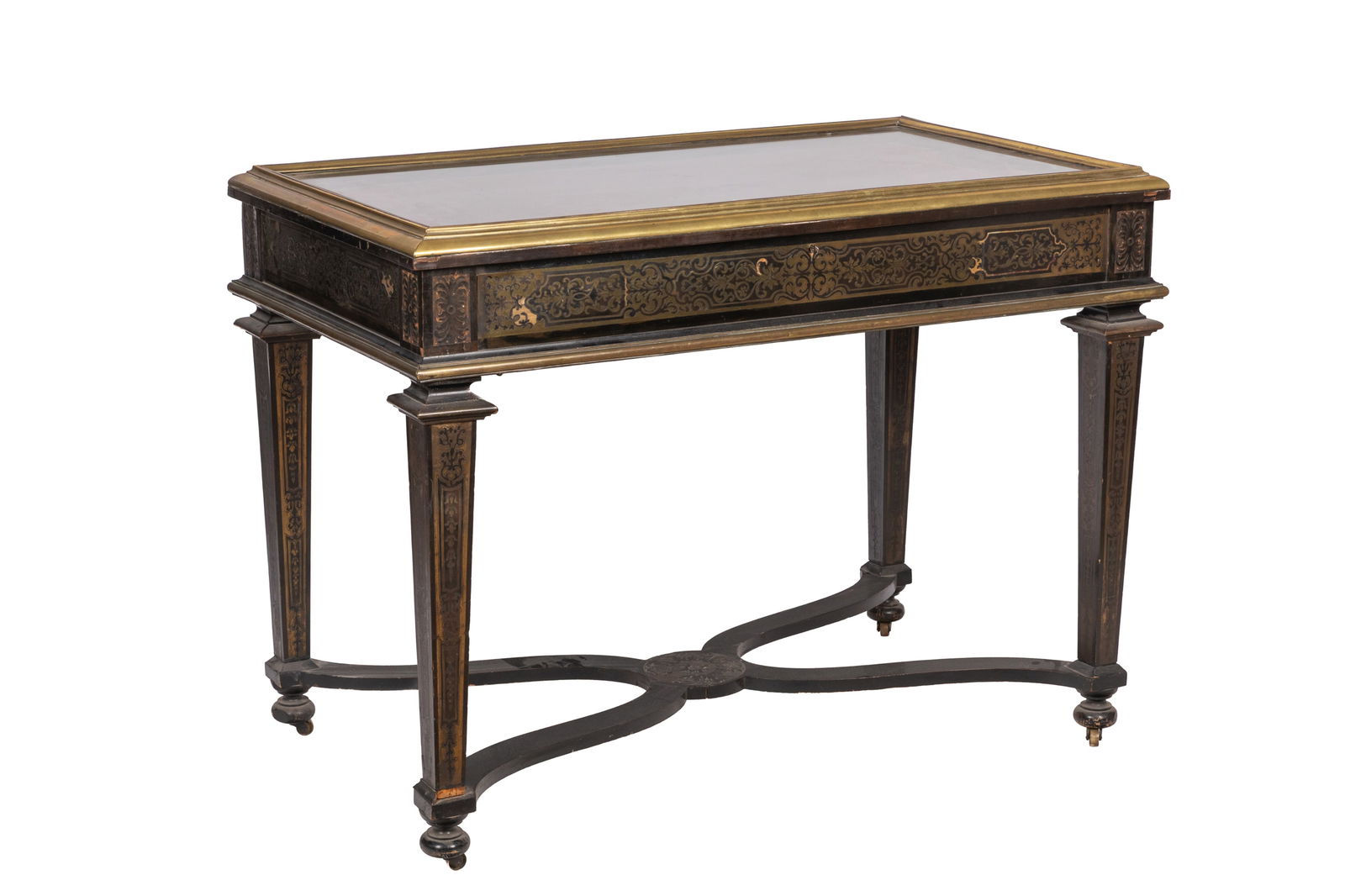 FRENCH ANTIQUE BOULLE DISPLAY TABLE VITRINE: H 33" x W 44" x D 26 1/2"