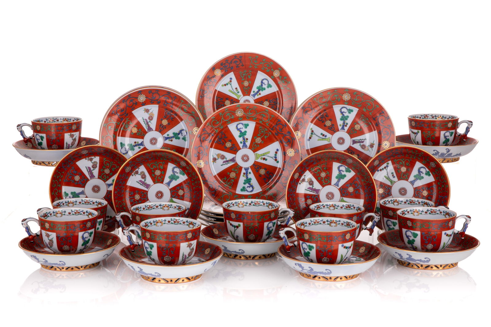 ELEVEN HEREND 'RED DYNASTY' PATTERN TRIO SETS (1 of 3)