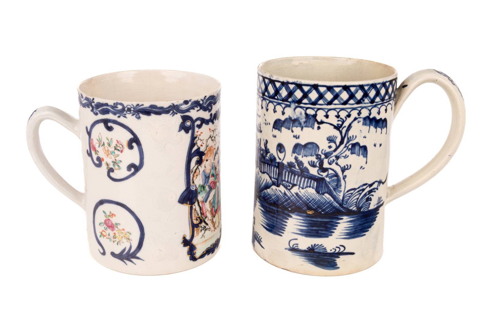 TWO 18th C CHINOISERIE PORCELAIN TANKARDS