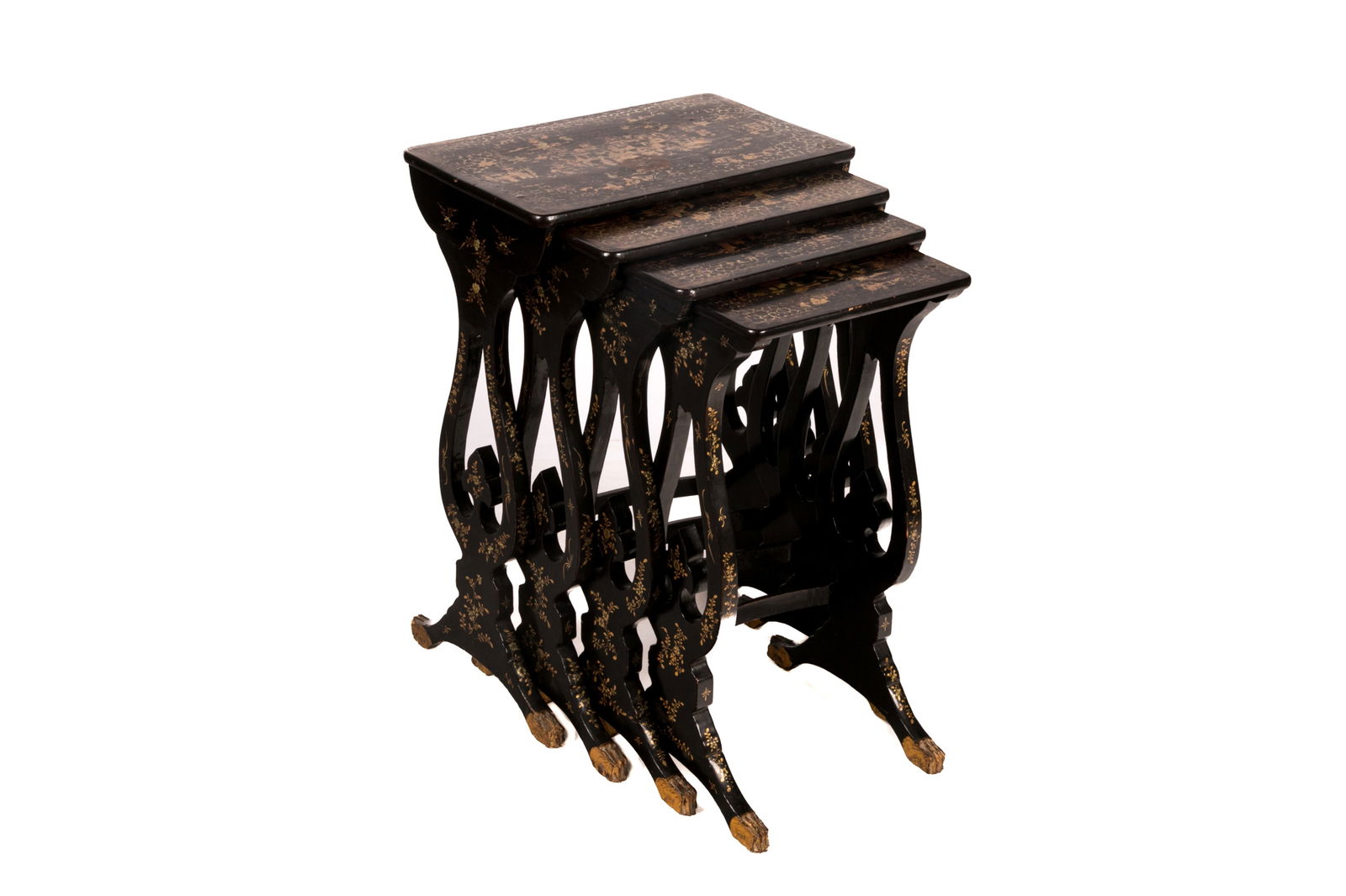 NEST OF FOUR CHINOISERIE BLACK LACQUER TABLES (1 of 7)
