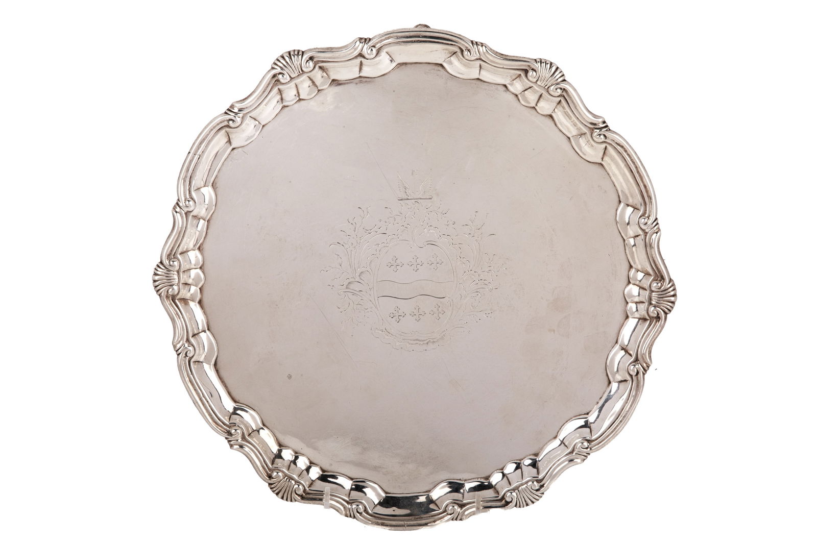 GEORGE II ENGLISH SILVER FOOTED SALVER,852g (1 of 4)