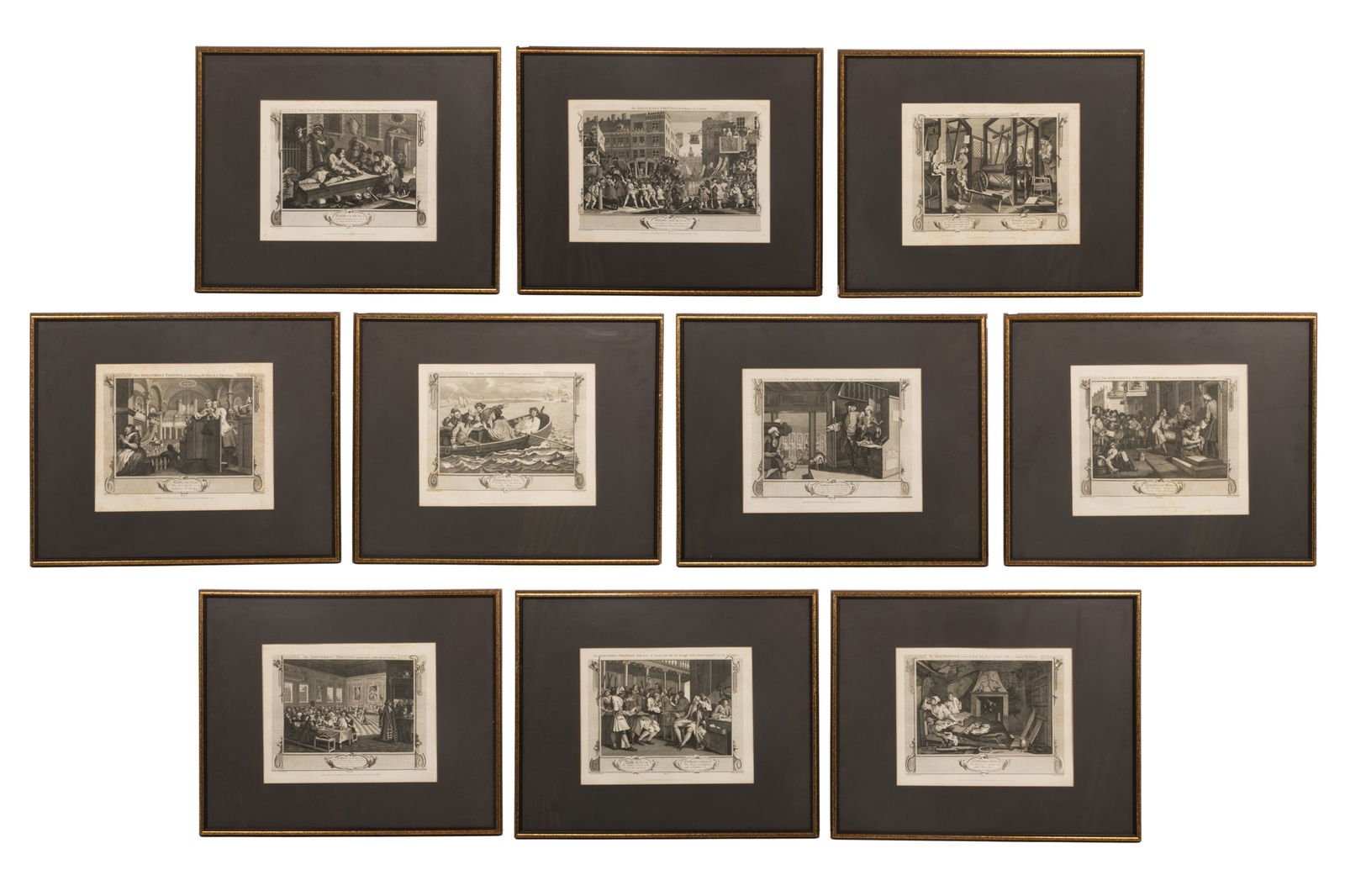 TEN PRINTS OF WILLIAM HOGARTH (British, 1697-1764): Lot of 10 prints of satirical works by William Hogarth engraved by Thomas Cook (British, 1744-1818). Size: 21 1/4" x 26" (each, framed).
