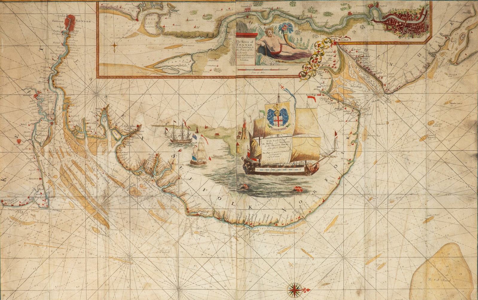 THE RIVER OF THAMES. GREENVILE COLLINS (ca. 1693): "The River of Thames from London to the Buoy of the Noure. Sold by Richd. Mount at the Postern on Great Tower Hill." Detailed, hand-colored map of the Thames, its estuary and the coast up toLincolnshi