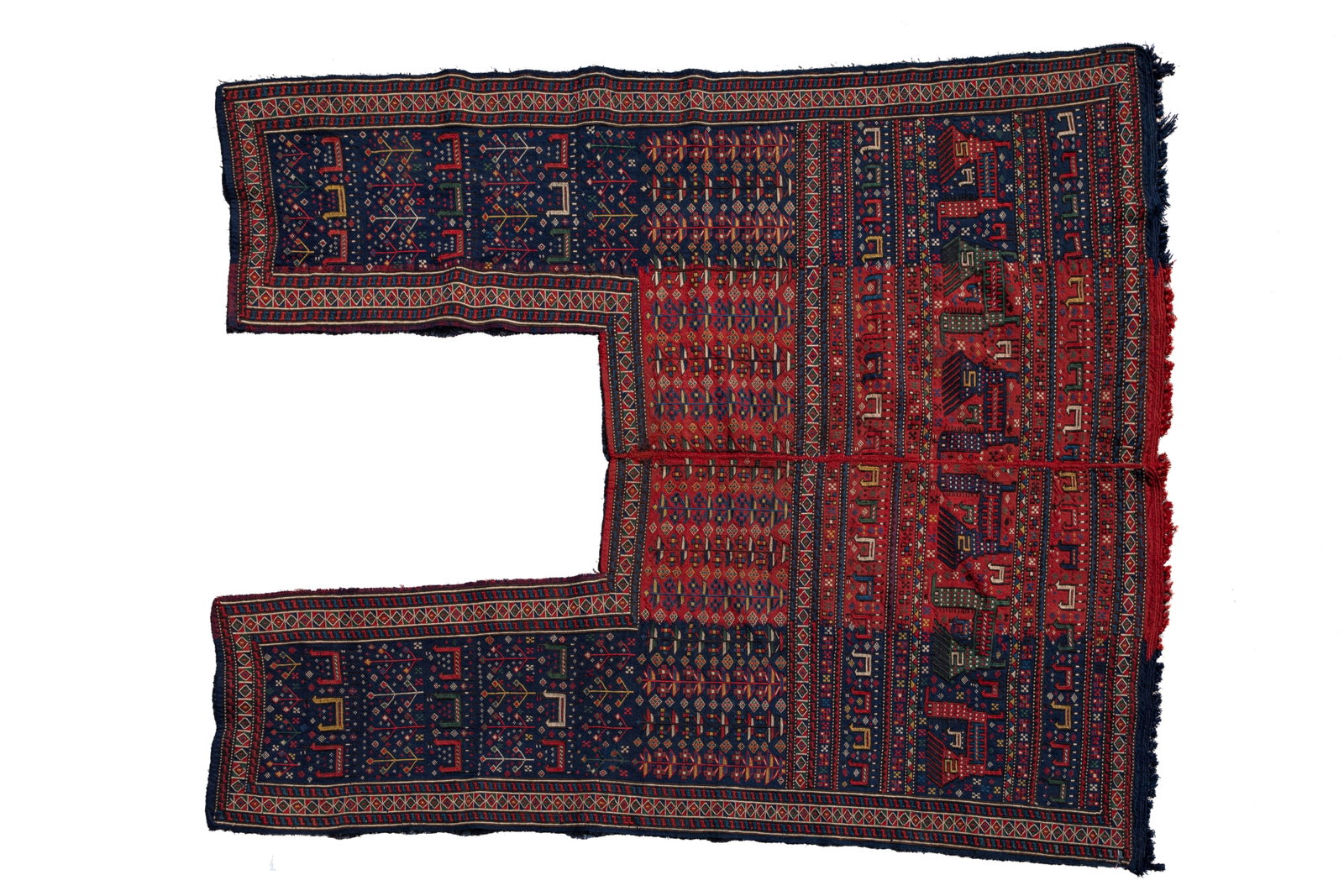 SEMI ANTIQUE TURKMEN CEREMONIAL CAMEL COVER: In a red and blue design.