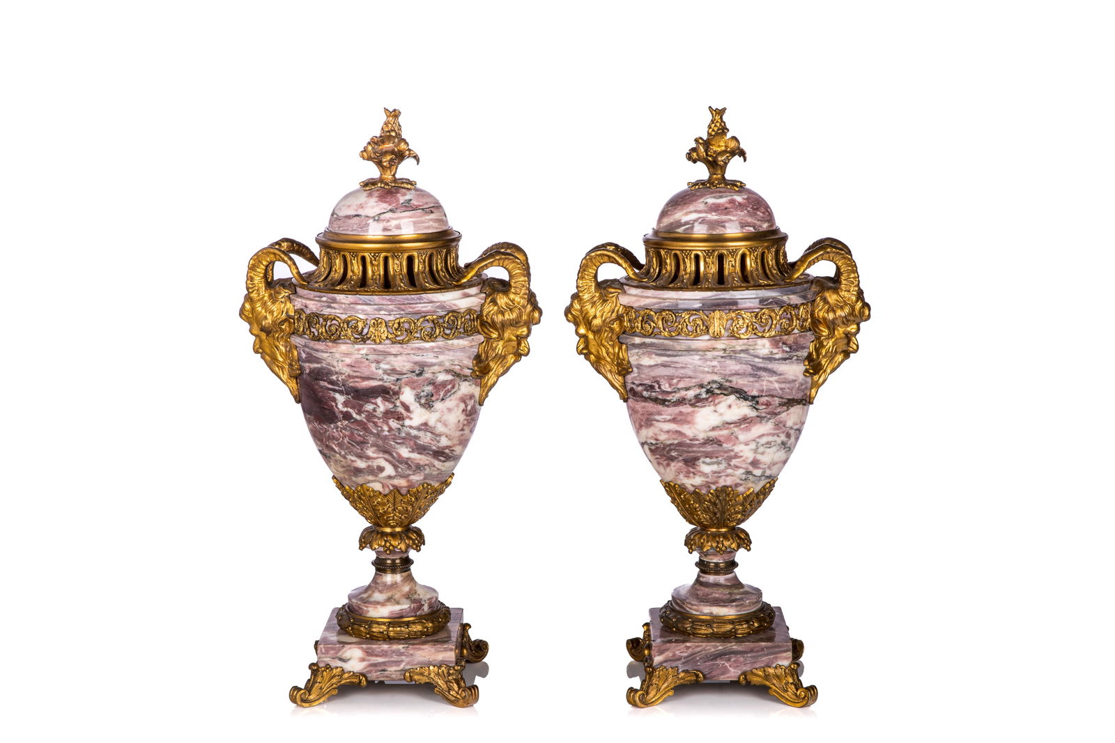 PAIR OF PINK VARIEGATED MARBLE & BRONZE URNS (1 of 4)