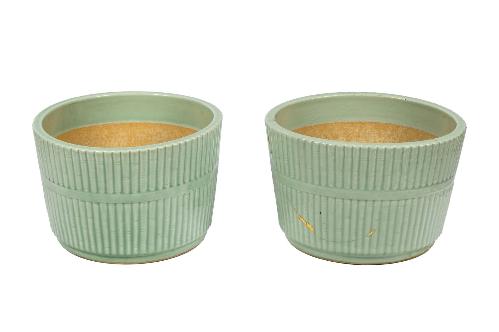 PAIR OF CELADON FAUX BAMBOO JARDENIERS (1 of 3)