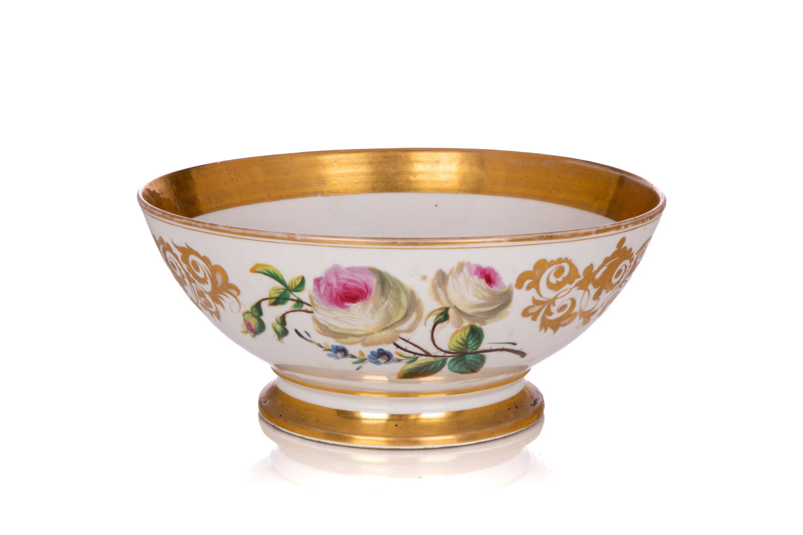 19th C FRENCH HAND PAINTED PORCELAIN PUNCH BOWL: Painted with flowers around the exterior and centre of the bowl with gilded border, Paris Porcelain, 19th C. H 6" x D 14.5"