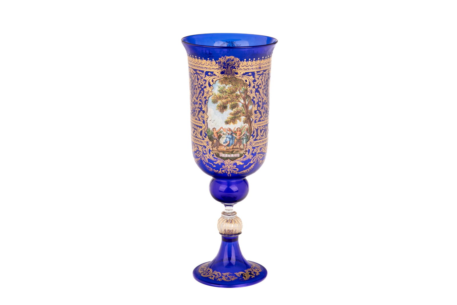 CENEDESE MURANO COBALT & ENAMEL GLASS VASE: Venetian glass vase in a baluster form by Cenedese. Hand-painted on a cobalt blue glass with gilding and a bacchanalian scene from Francesco Zuccarelli's (1702-1788) painting titled 'Baccanale' (c. 17