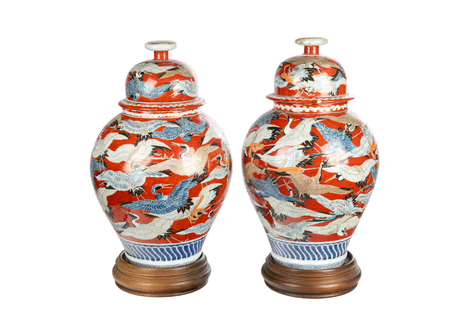 LARGE PAIR OF KUTANI COVERED JARS WITH CRANES (1 of 6)