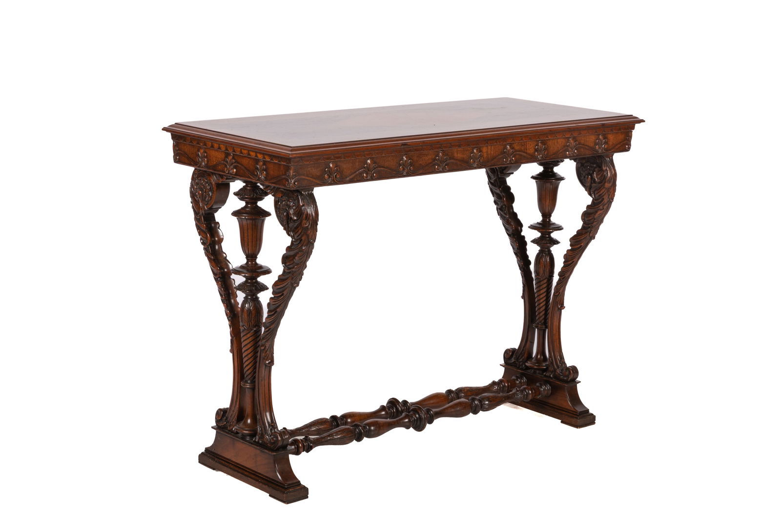 ROSEWOOD CARVED CONSOLE TABLE: Mixed wood inlay and carved console table. Probably English early 20th C. H 28" x W 38" x D 17"