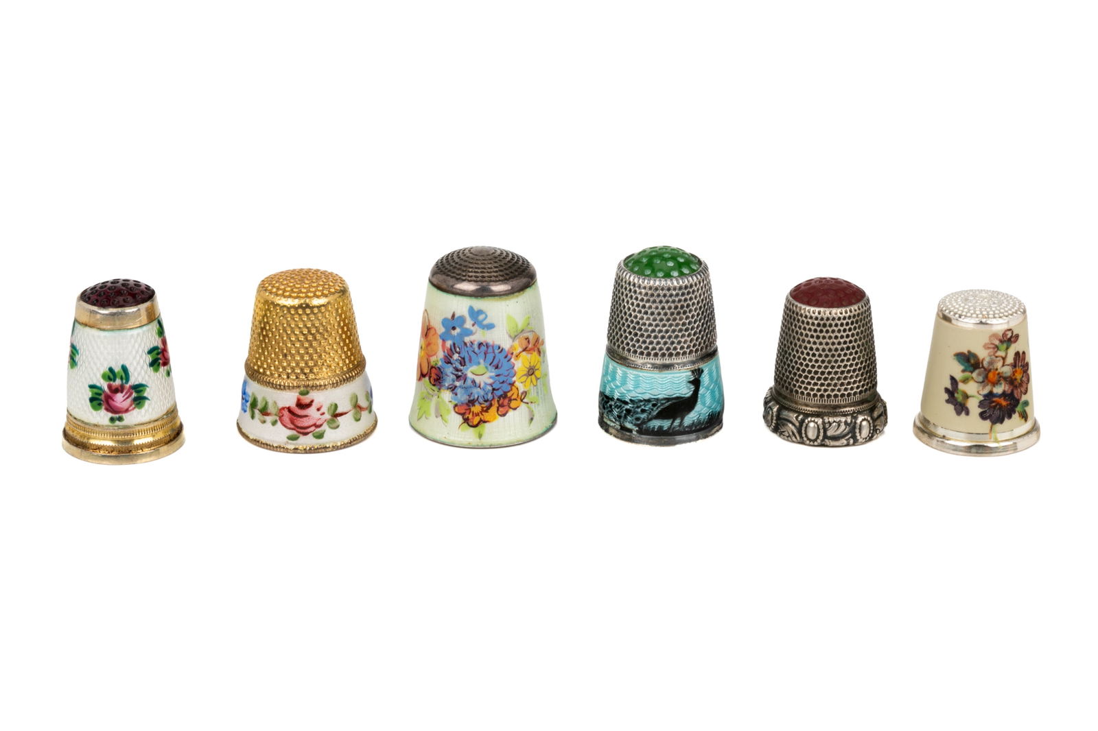 GROUP OF SIX ENAMEL SILVER THIMBLES: All appear to be silver, one unmarked. 32g
