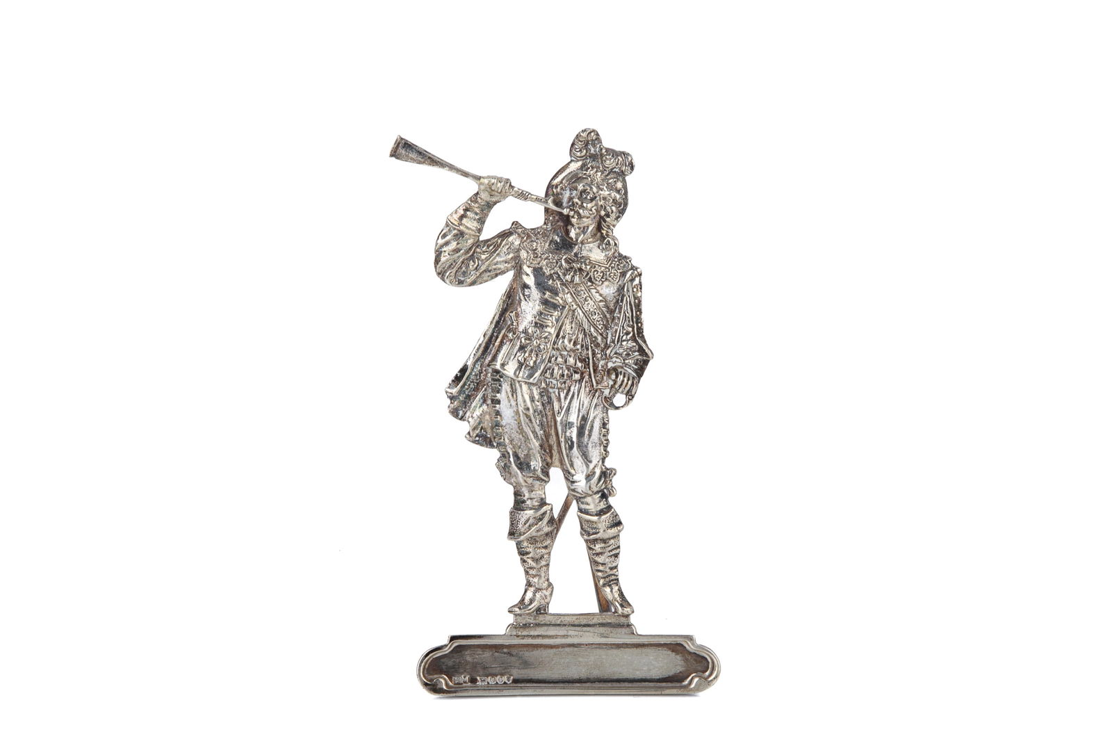 ENGLISH IMPORT FIGURAL SILVER PLACE CARD HOLDER: Of a msukateer with horn. London, 1896, by Berthold Mueller87g,L 5 1/4"