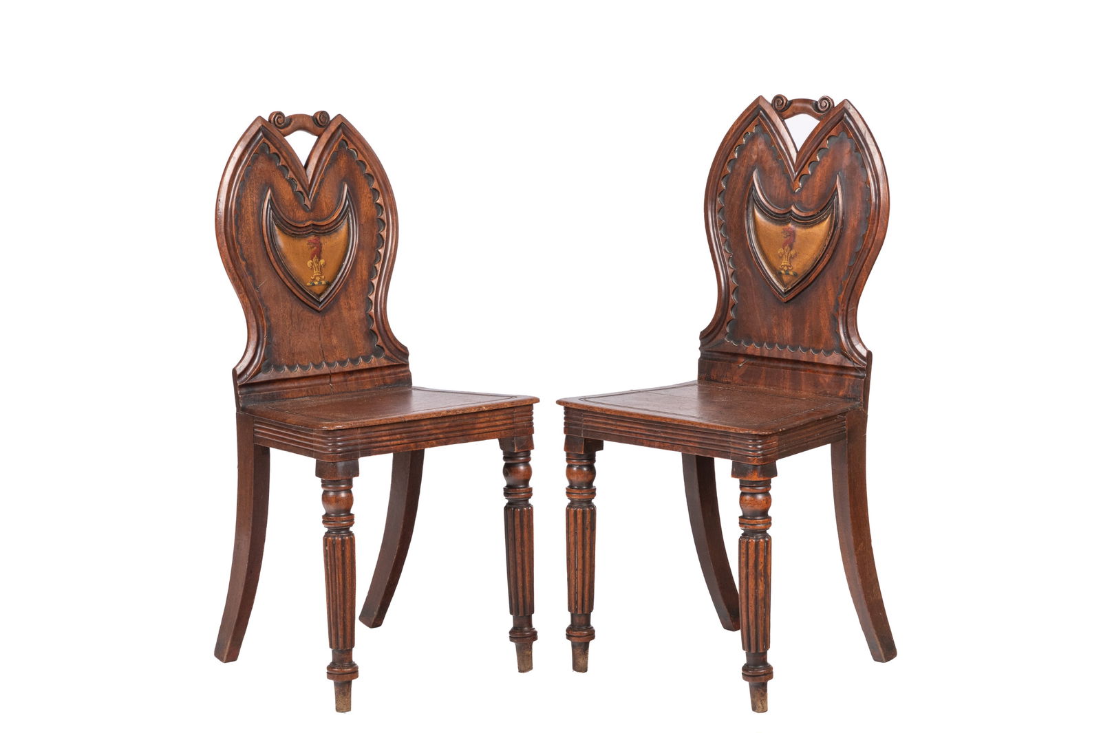 PAIR OF 19th C ENGLISH MAHOGANY ARMORIAL CHAIRS (1 of 5)
