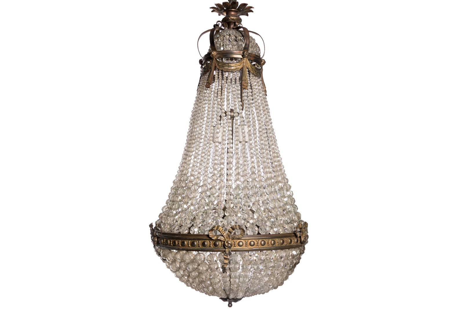 ANTIQUE BEADED GLASS & BRONZE BASKET CHANDELIER (1 of 3)