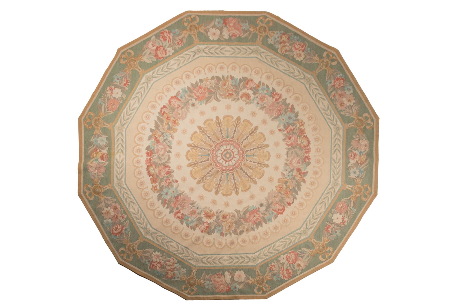 FLORAL OCTAGONAL FRENCH AUBOSSON RUG: 7ft 11" DIAMETER