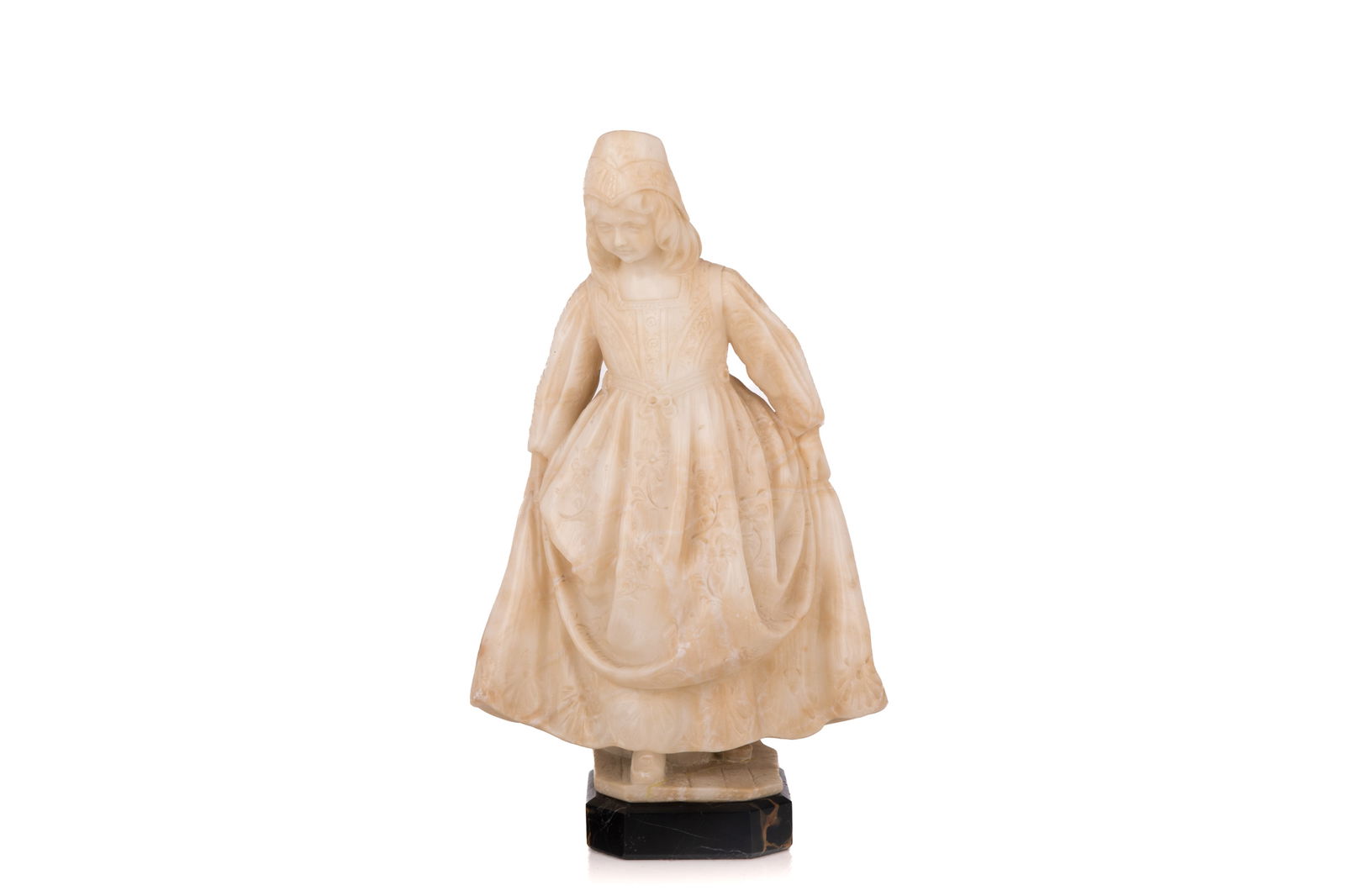 ANTIQUE ALABASTER STANDING GIRL: On marble base.