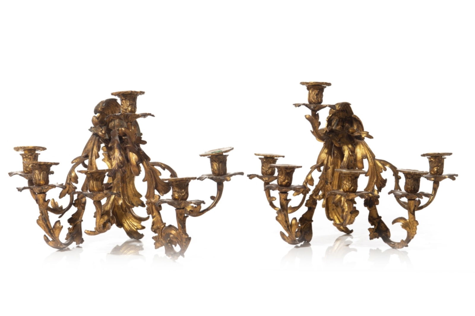 PAIR OF FRENCH GILDED BRONZE WALL CANDELABRAS: Six-light wall sconces with ornate acanthus style decoration and extended branch arms. H. approx 34 cm (13 3/8 in)