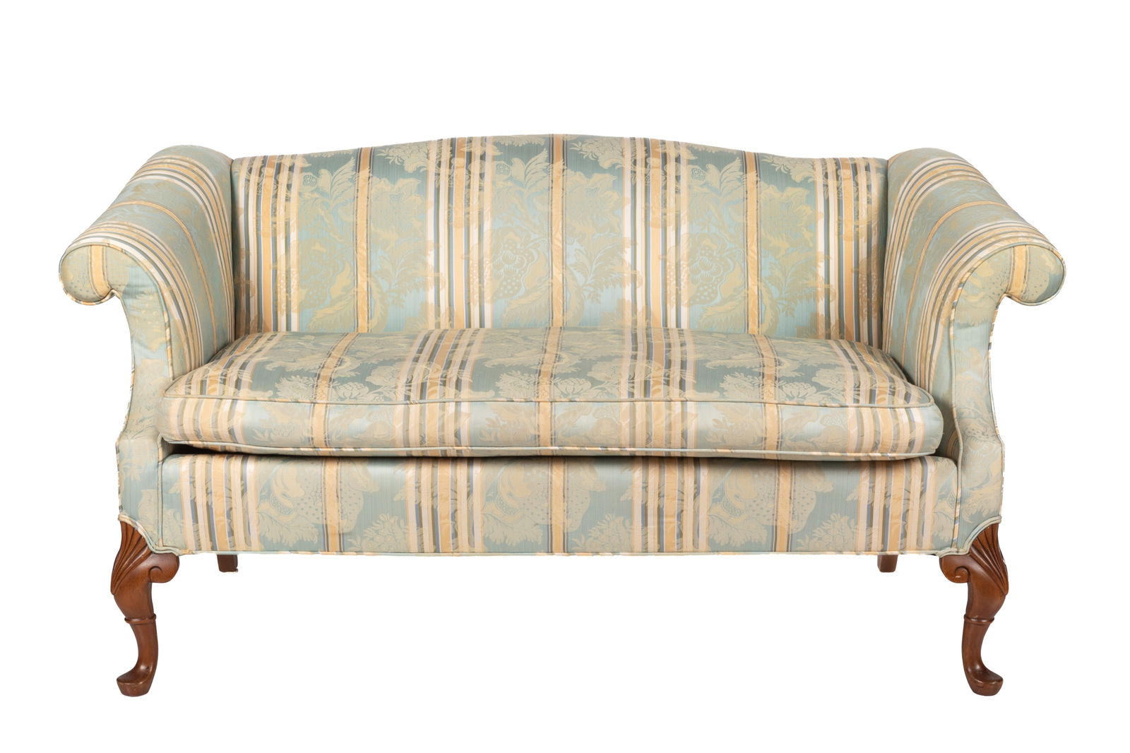 20th C UPHOLSTERED CAMELBACK SETTEE (1 of 5)