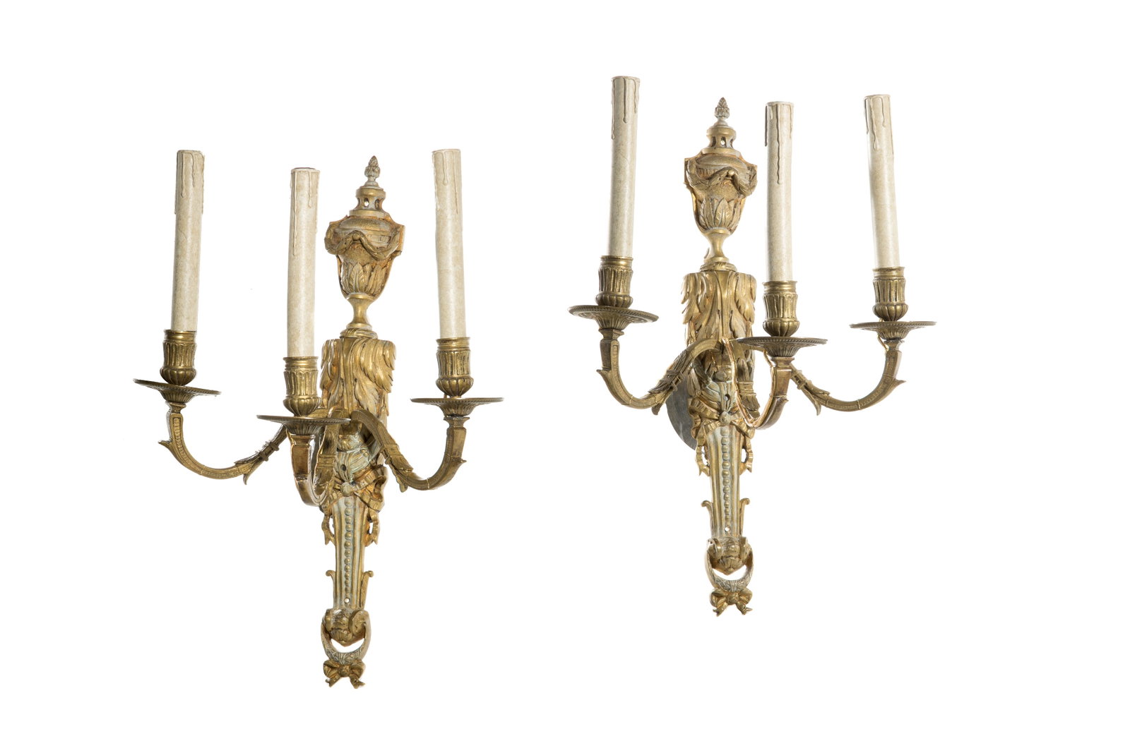 PAIR OF BRONZE THREE BRANCH WALL SCONCES: H: 19'' W: 13'' D: 7 1/2''
