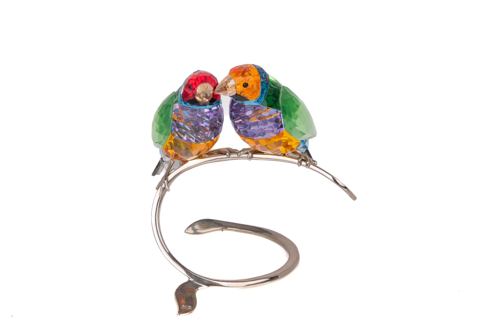 SWAROVSKI CRYSTAL GOULDIAN FINCHES BIRDS: On metal stand from the Paradise collection. H 12.6cm