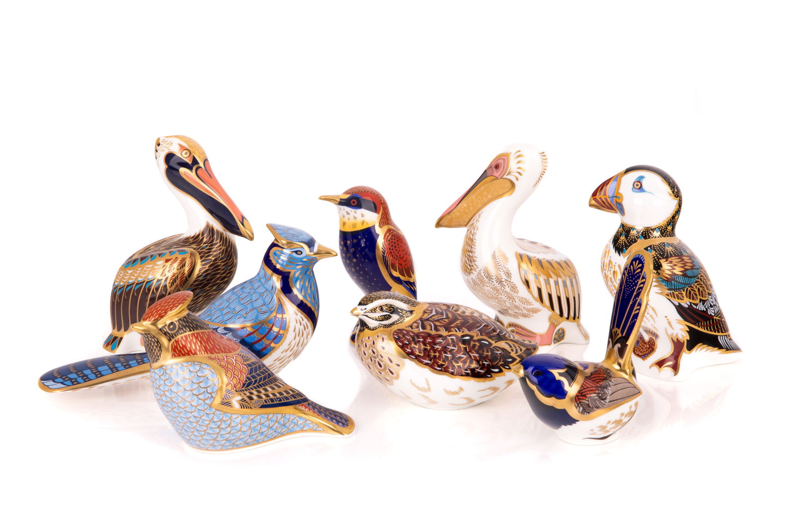 EIGHT ROYAL CROWN DERBY IMARI BRID PAPERWEIGHTS: H of pelican 13cm (5in)