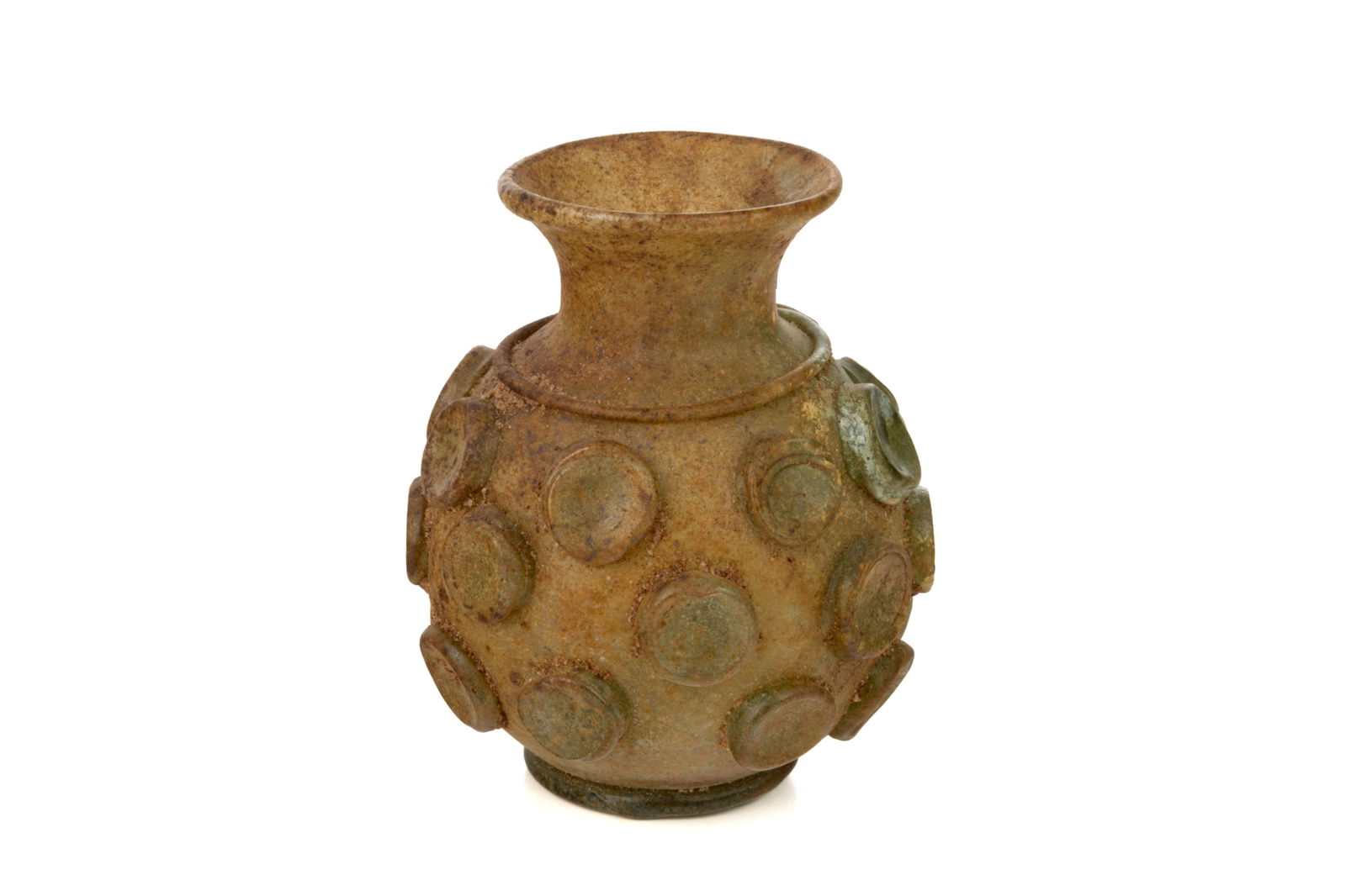 ANCIENT SASSANIAN GLASS BUTTON VESSEL: Bulbous with prunts applied. 3rd - 7th C CE H 7.2cm (2.83")