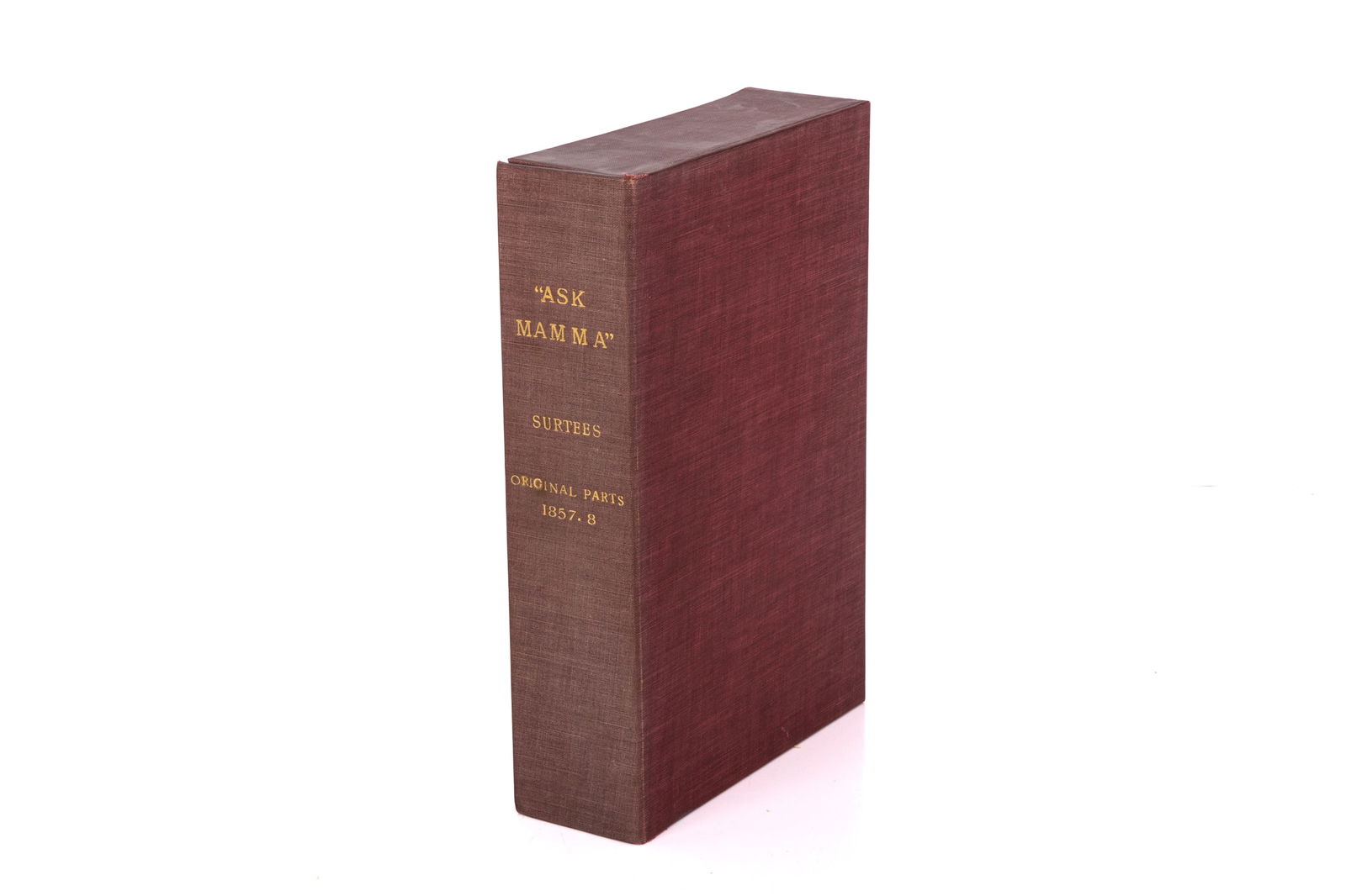 ROBERT SMITH SURTEES. ASK MAMA. ORIGINAL 13 PARTS.: Robert Smith Surtees. "Ask Mama" (11 Bouverie Street, Lond: Bradbury and Evans, 1857-58). First edition. Original 13 parts in their original red pictorial wrappers, housed in a cloth clamshell box.