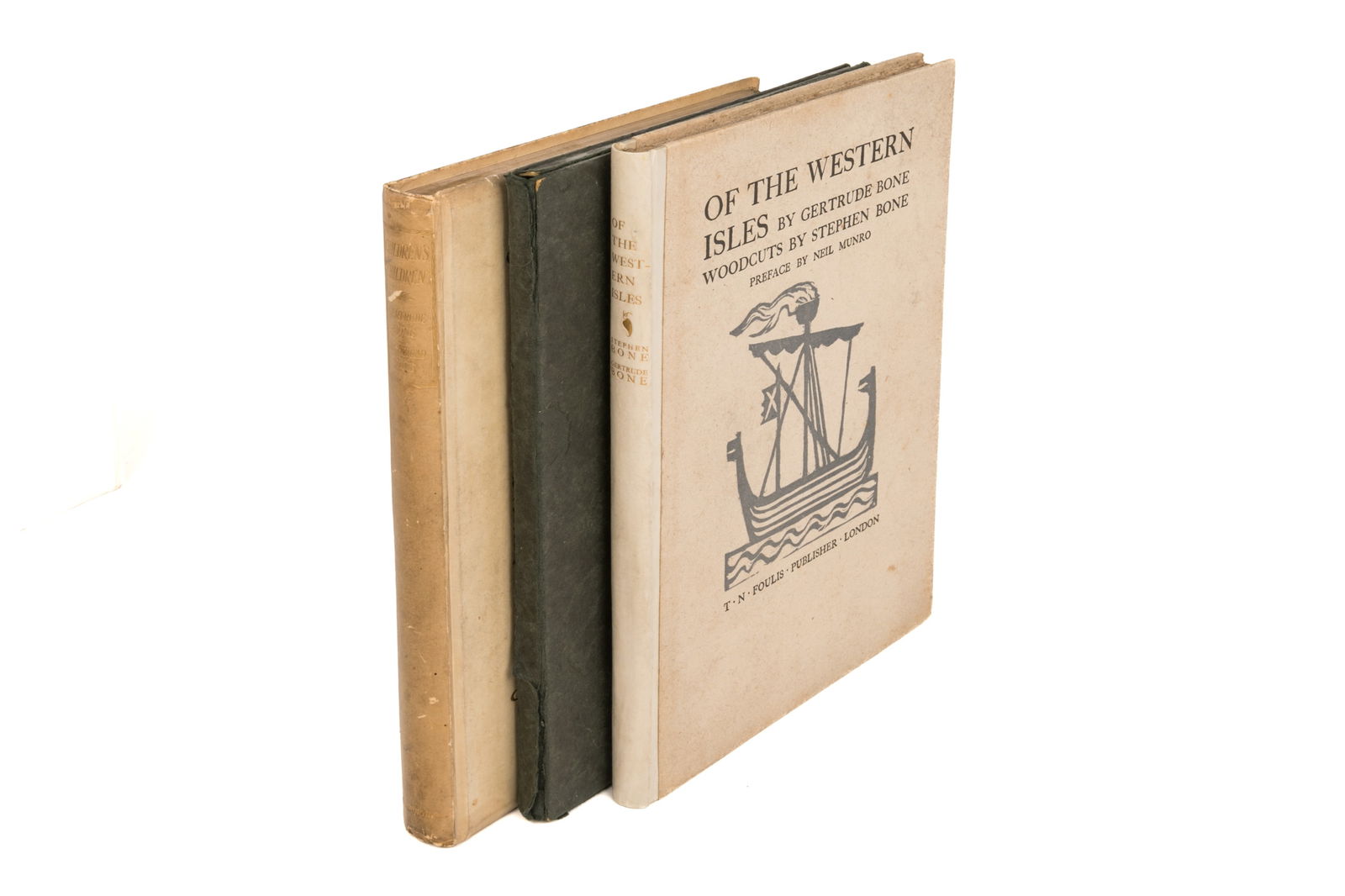 GERTRUDE BONE. LOT OF THREE WORKS.: Includes: Gertrude Bone. "Children's Children" (London: Duckworth & Co., 1908). Limited first edition. Number 96 of 215. Signed by the illustrator, Muirhead Bone, on the limitation page. Boards wrappe