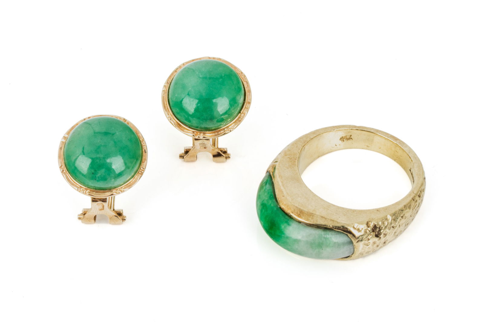14K GOLD & JADEITE EARRINGS & RING 20.3g (1 of 5)