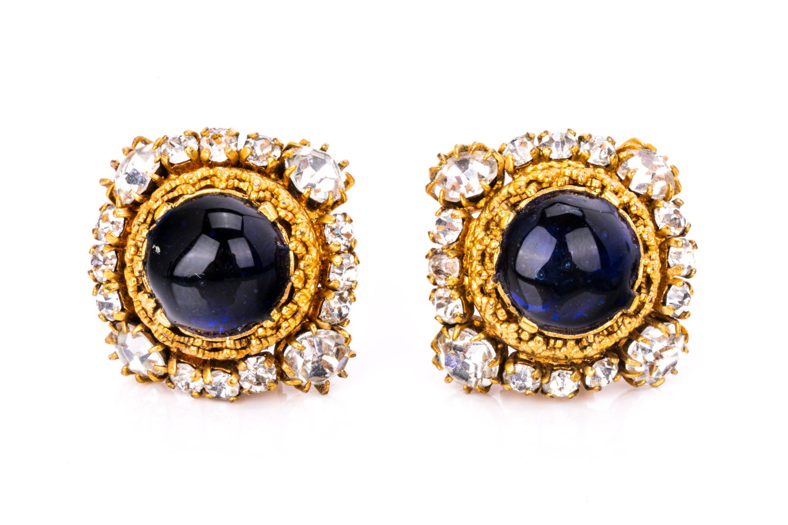 CHANEL MADE IN FRANCE CLIP-ON EARRINGS: Gold tone Chanel Made in France clip-on earrings featuring colourless rhinestones and blue centers