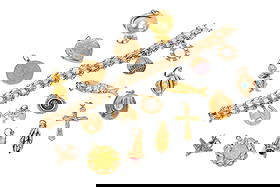 14K GOLD CHARM BRACELET & MIXED CHARMS: 7 inch long 14K yellow gold woven style charm bracelet with 3 soldered on 14K gold charms 20.3 grams 1 9K yellow gold heart locket with open ring bail 5.4 grams (including photo backings & protectors)