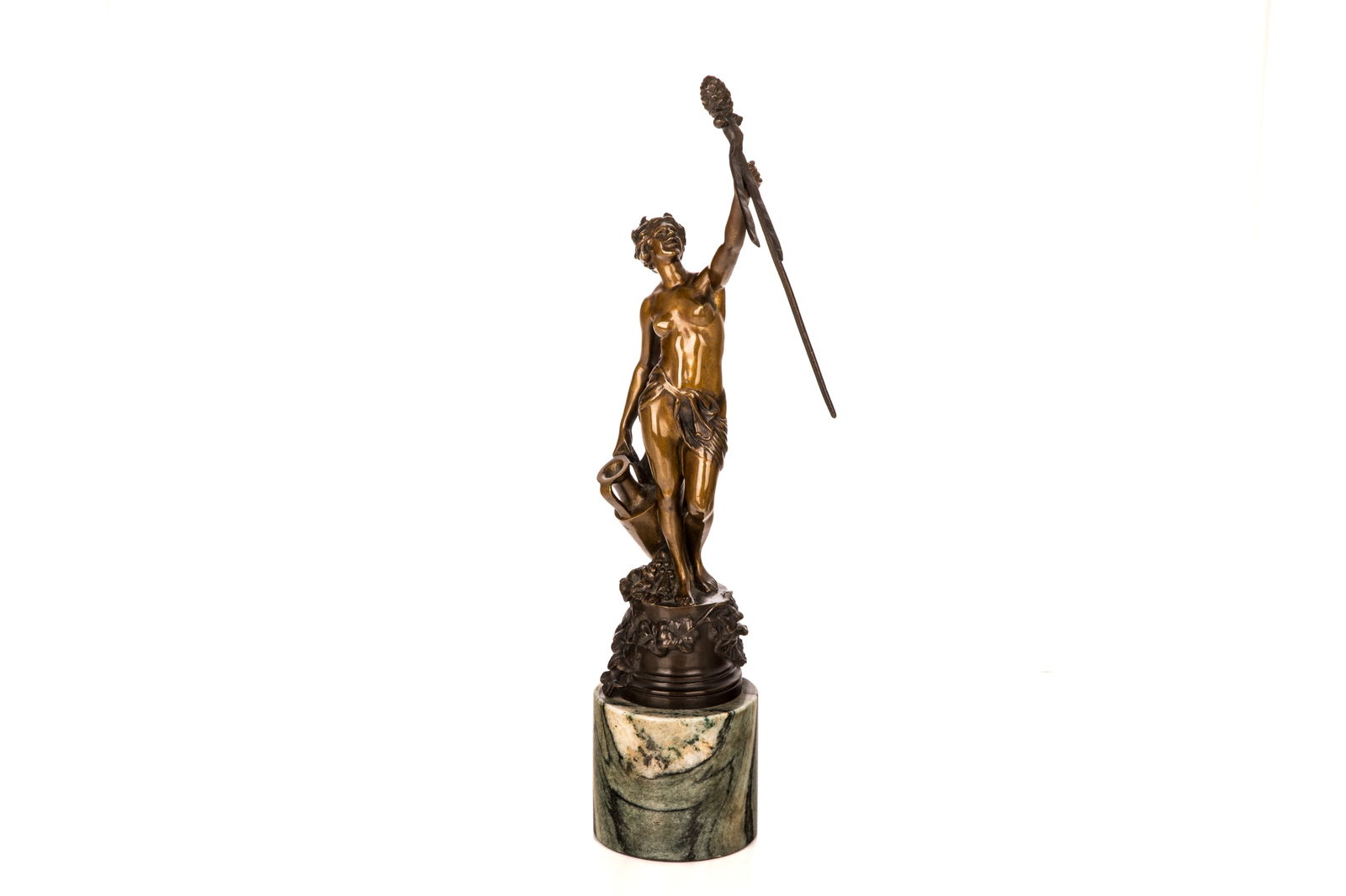 FRENCH BRONZE SCULPTURE OF LIBERTY: Female nude figure holding an urn on a floral base on marble column base. French, late 19th C. signed. Overall H 41cm (16in)