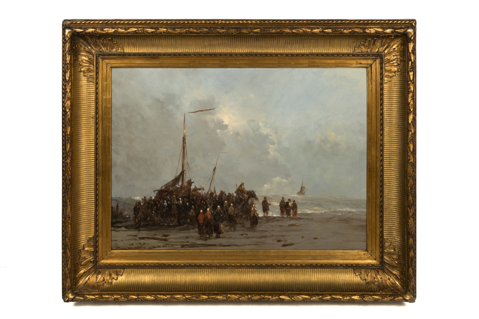 HENDRIK VADER (Belgian, 1928-1997): Fishing Boats Oil on Board Signed lower left cornerH. 22 1/8" x W. 31 1/8" in a fine fluted cove frame. Hendrick Vader was the nom de plume of the artist Cornelis Corsius, a Belgian painter who worked