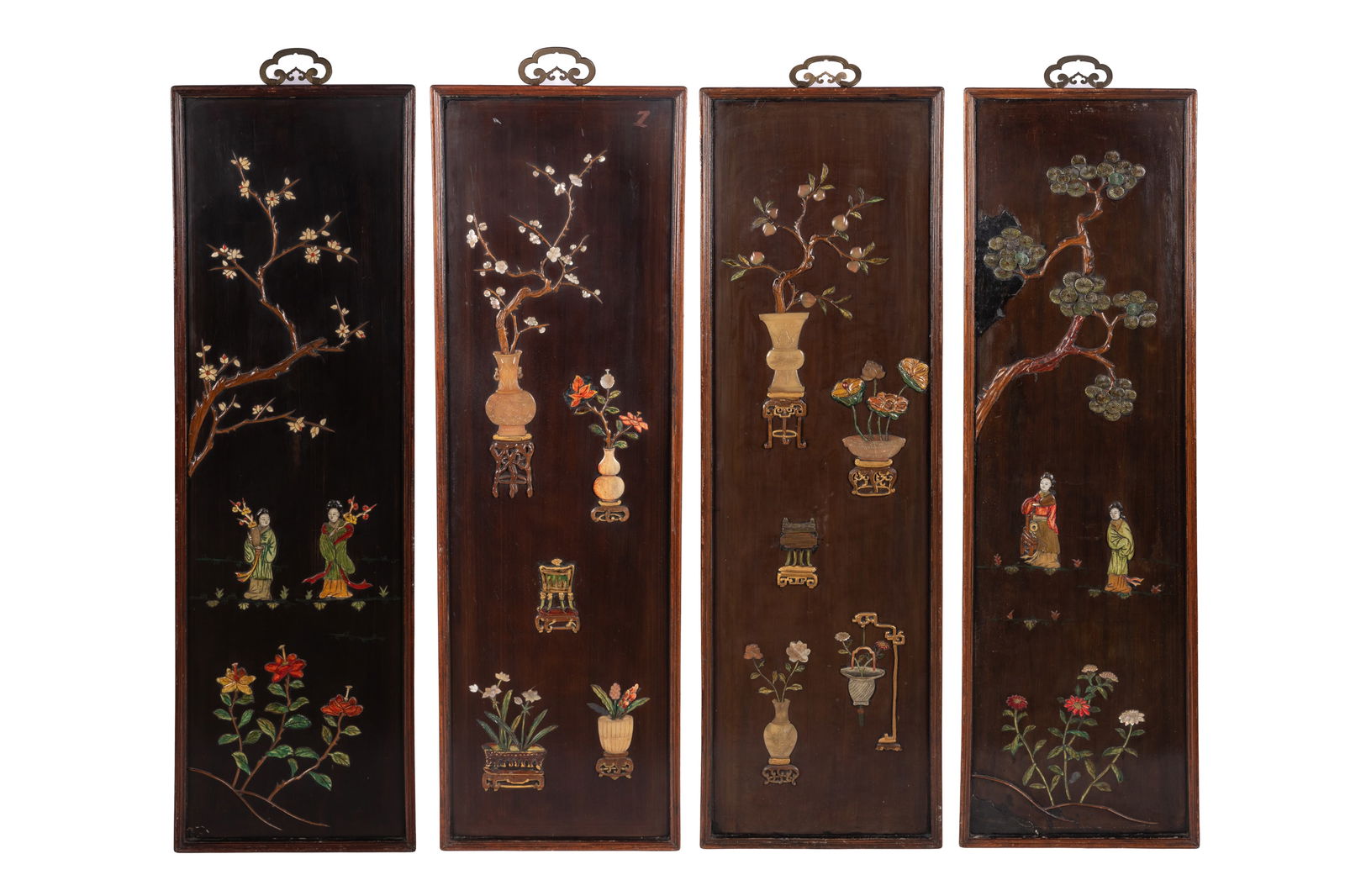 FOUR CHINESE LACQUER & MIXED INLAY HANGING PANELS: Each lacquered panel with wood frame decorated with applied jade, soapstone and abalone antiques and blossoms, 19th C, Qing dynasty. H 53" x W 16 1/2"