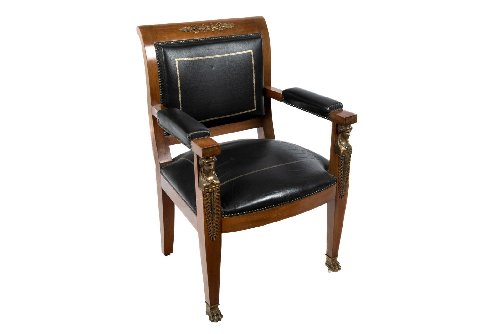 FRENCH EMPIRE BRONZE MOUNTED ARMCHAIR: H 38" x W 25" x D 20"