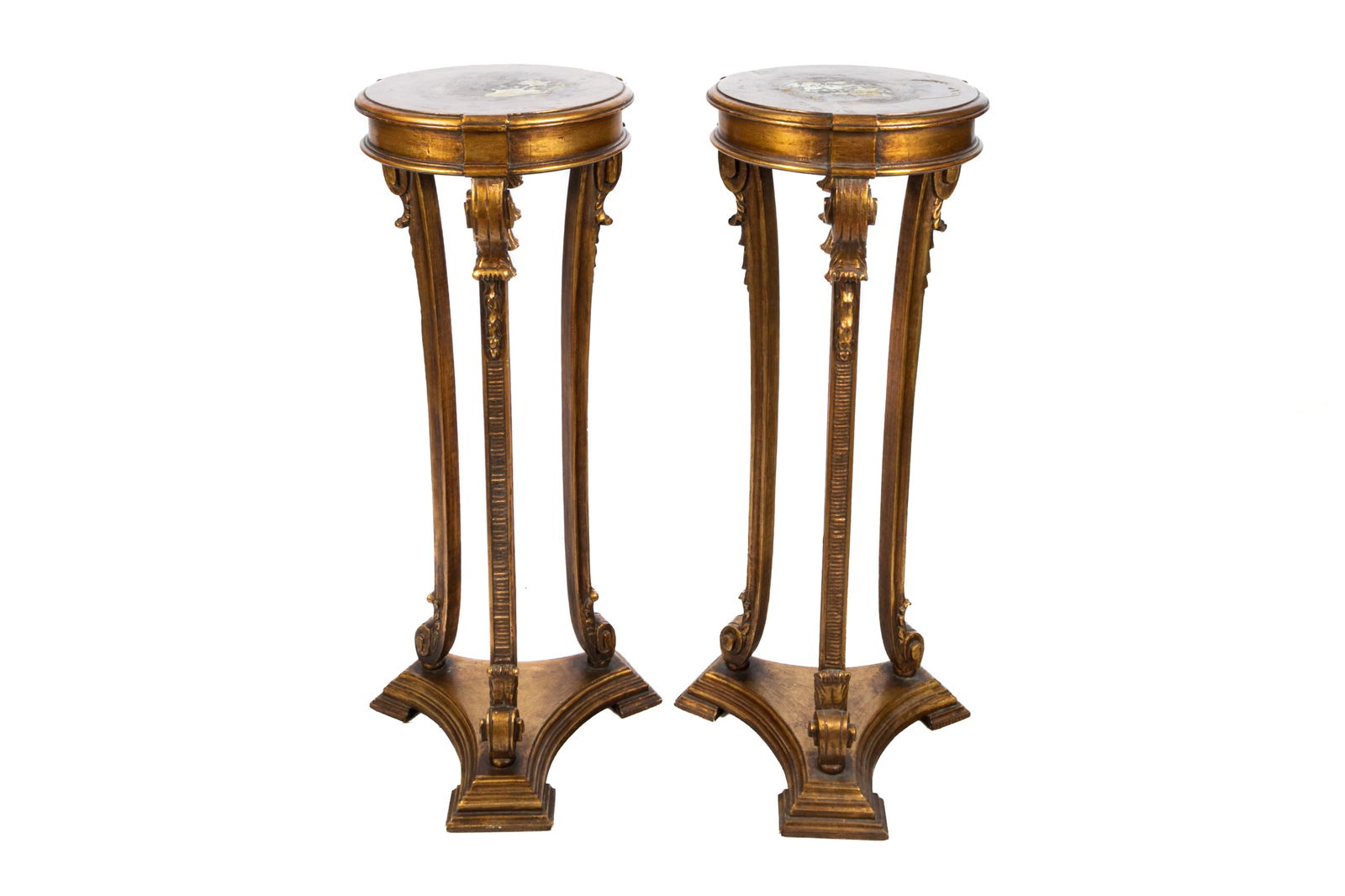 PAIR OF GILTWOOD TRIPOD PEDESTALS: H 43" x D 15"