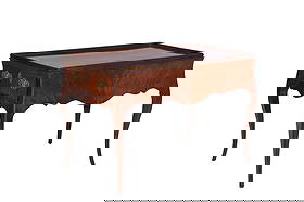 DUTCH 18TH C CARVED MAHOGANY SILVER TABLE: Bookmatched mahogany veneer with brass pulls on the single long drawer. H 28" X W39" X D 22"