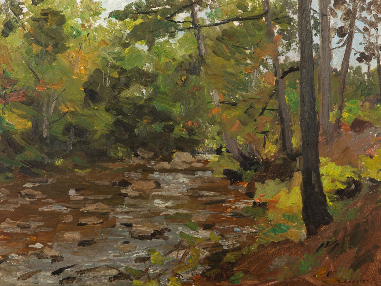 GOODRIDGE ROBERTS (Canadian, 1904-1974): Stream, early Autumn (1958) Oil on board Signed bottom right H. 18" x W. 24" Provenance: Private Ottawa Collection; The Waddington Galleries (Montreal)