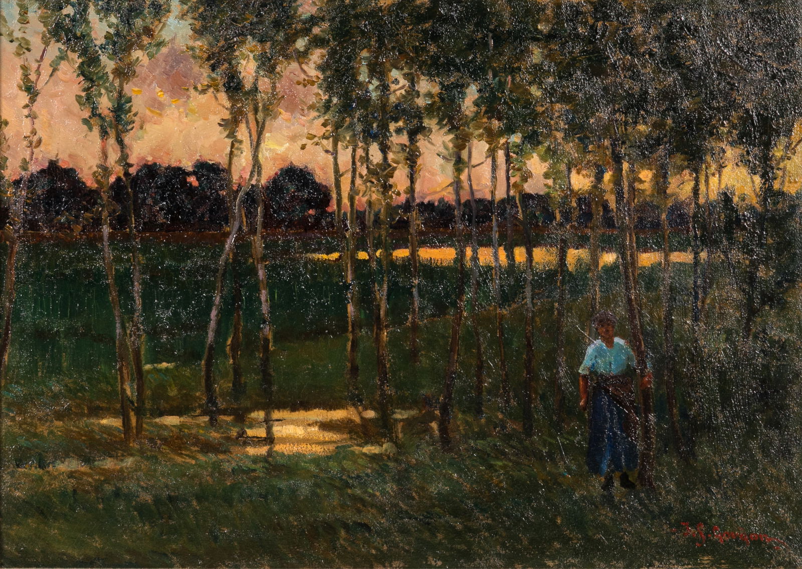 JOHN SLOAN GORDON (Canadian, 1868-1940): Figure in Landscape at Sunset Oil on canvas Signed bottom right H. 15" x W. 21" Provenance: Kaspar Gallery (Toronto)