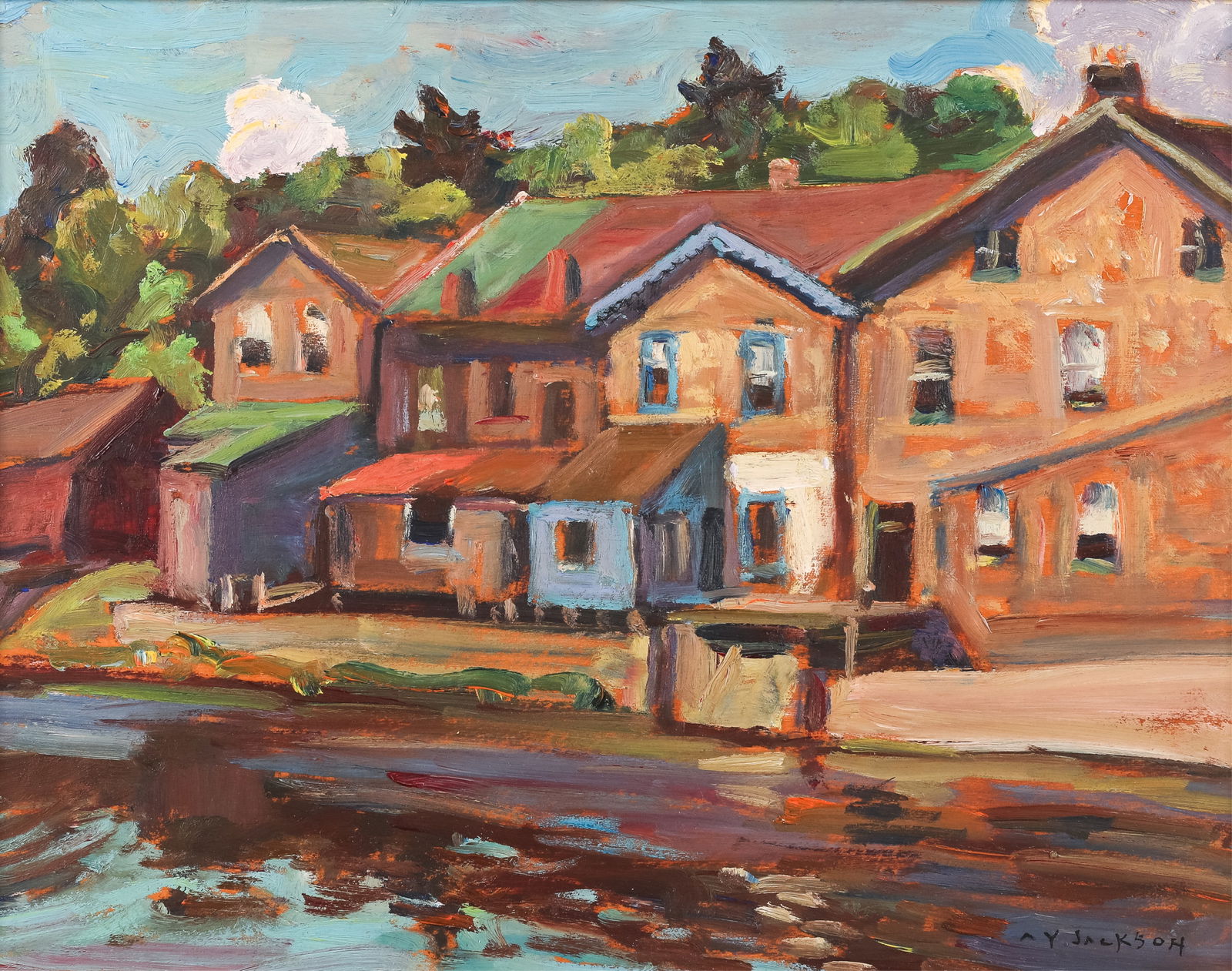 ALEXANDER YOUNG JACKSON (Canadian, 1882-1974): Elora, ON (ca. 1959) Oil on panel Signed bottom rightH. 10 1/2" W. 13 1/2" Provenance: Alex Fraser Galleries (Vancouver)