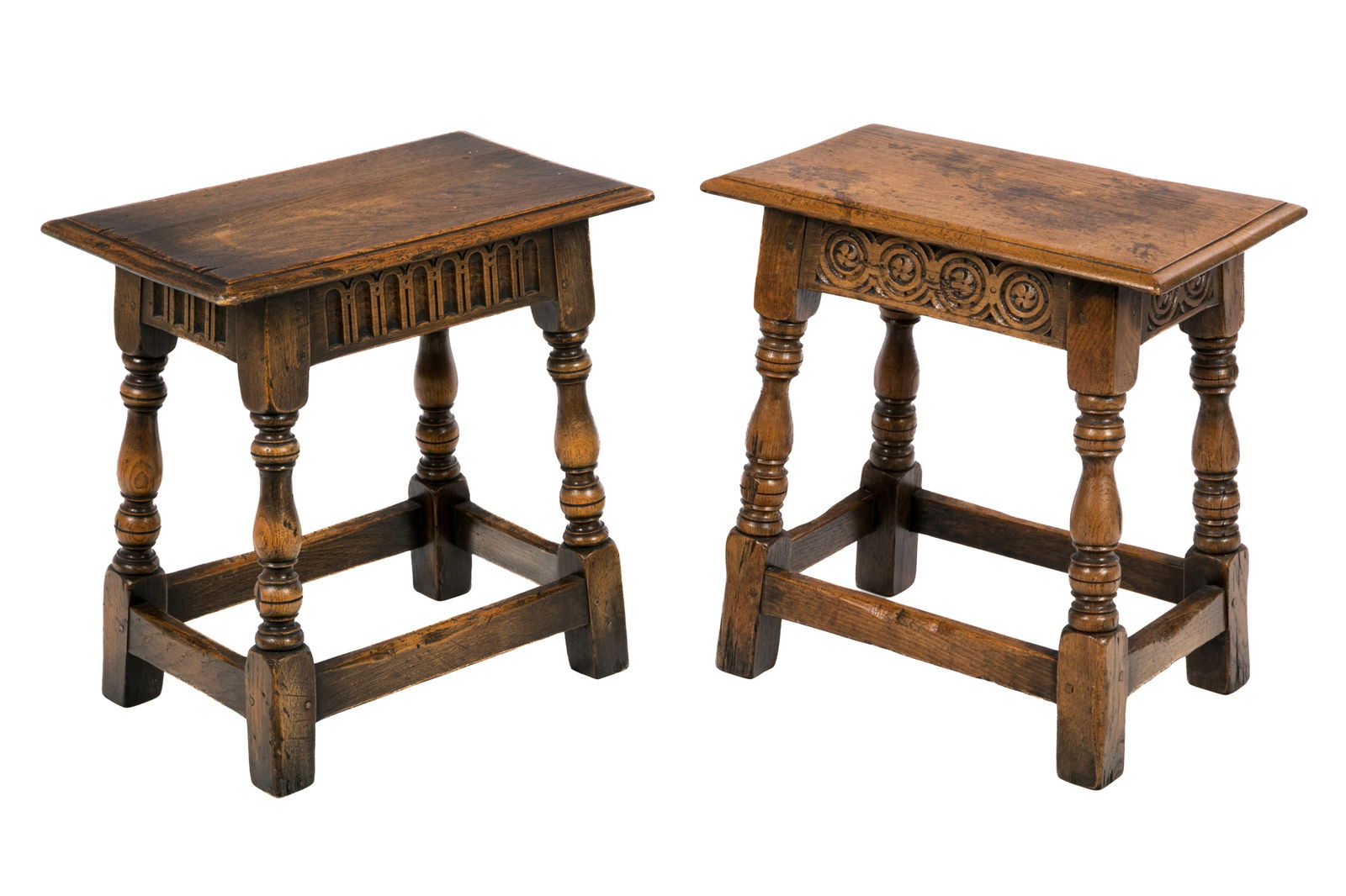 PAIR OF VINTAGE OAK JOINT STOOLS (1 of 4)