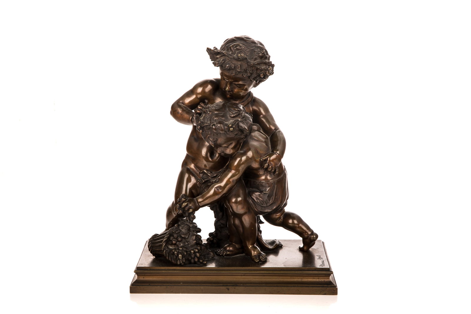 FRENCH PATINATED BRONZE SCULPTURE: The "Allegory of Autumn" signed Mathurin Moreau. French, late 19th C. Of two putti in play with fruit basket. H 33cm (13in)