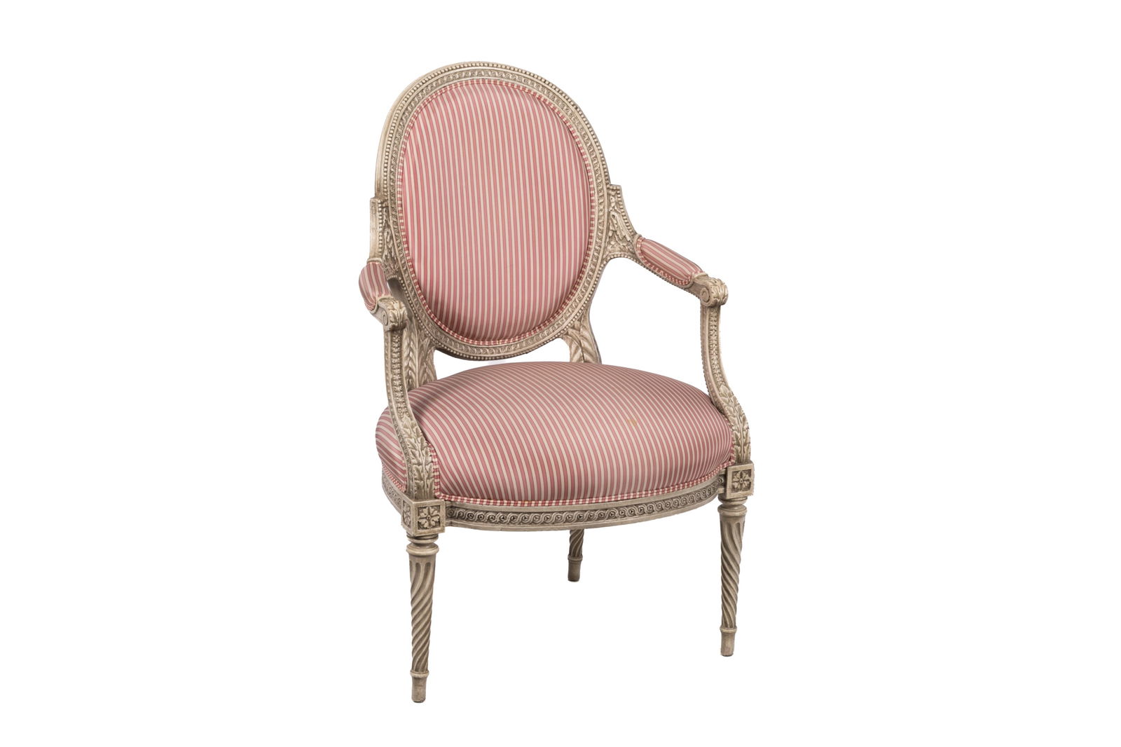 FRENCH CARVED WOOD & STRIPED UPHOLSTERED  ARMCHAIR (1 of 4)
