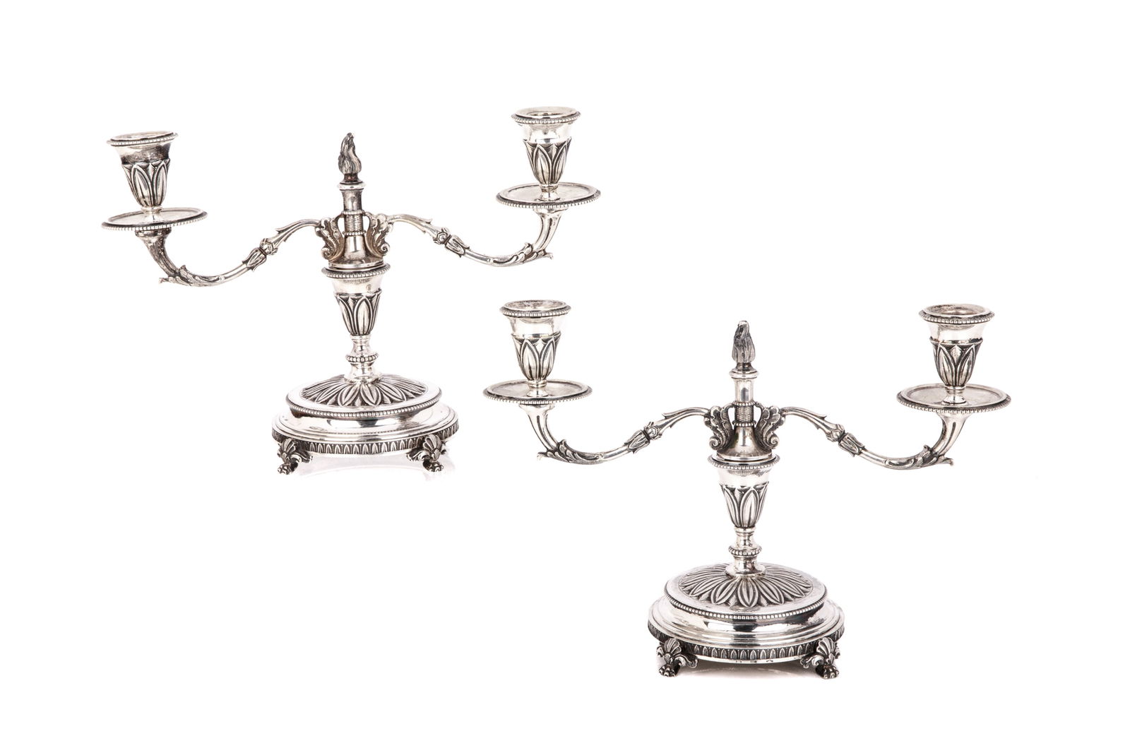 A PAIR OF SILVER TWO LIGHT CANDELABRA , 1179g (1 of 3)